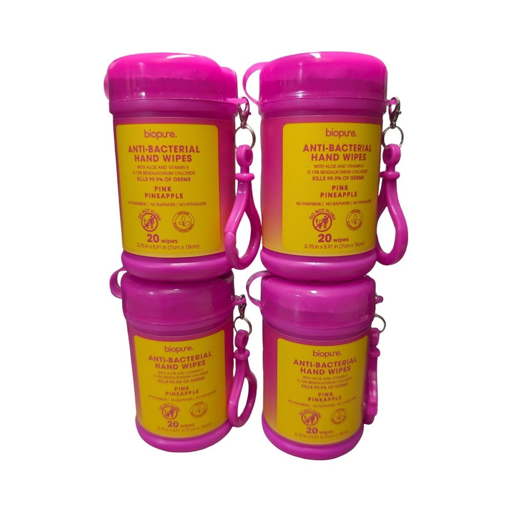 Biopure Pink Pineapple Antibacterial Hand Wipes 4 Pack Travel Clip 80 Wipes